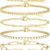 Gold Bracelets for Women, 14K Gold Plated Stackable Bracelet Stack Set Adjustable Charm Paperclip Chain Cuban Link Layered Waterproof Jewelry Sets Gifts for Womens 6.0/6.8/7.2"