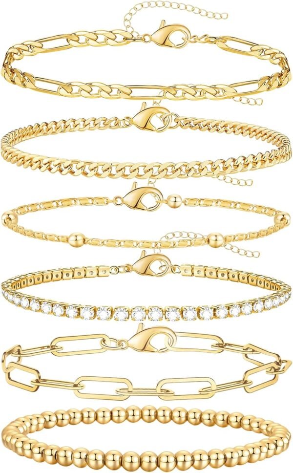 Gold Bracelets for Women, 14K Gold Plated Stackable Bracelet Stack Set Adjustable Charm Paperclip Chain Cuban Link Layered Waterproof Jewelry Sets Gifts for Womens 6.0/6.8/7.2"