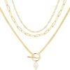 Layered Gold Necklaces for Women,Stackable Dainty 14K Gold Silver Plated Trendy Circle Paperclip Chain Pendant Choker Necklace,Simpl Diamond Cross Bow Jewelry Set Gifts for Women