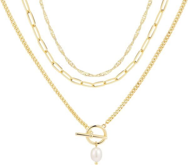 Layered Gold Necklaces for Women,Stackable Dainty 14K Gold Silver Plated Trendy Circle Paperclip Chain Pendant Choker Necklace,Simpl Diamond Cross Bow Jewelry Set Gifts for Women