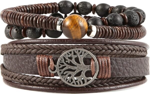 Genuine Leather Tree of life Bracelets Men Women, Tiger Eye Natural Stone Lava Rock Beads Ethnic Tribal Elastic Bracelets Wristbands
