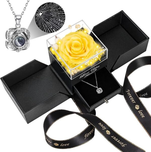 Preserved Red Real Rose with Heart I Love You Necklace -Eternal Flowers Rose Birthday Gifts for Women Her Mom Wife Girlfriend Grandma on Valentines Mothers Day Christmas Anniversary Romantic-Red