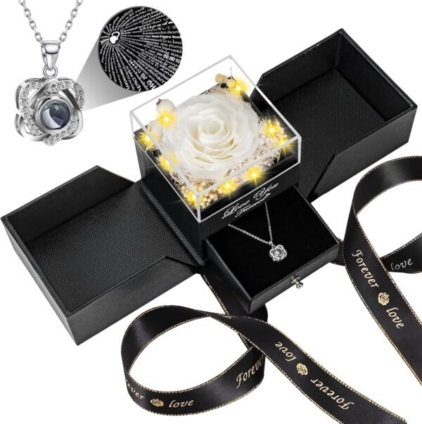 Preserved Red Real Rose with Heart I Love You Necklace -Eternal Flowers Rose Birthday Gifts for Women Her Mom Wife Girlfriend Grandma on Valentines Mothers Day Christmas Anniversary Romantic-Red