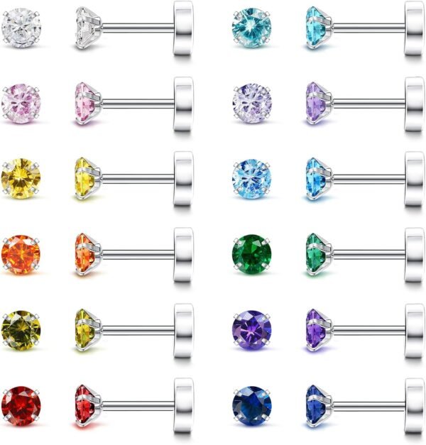 20G Hypoallergenic Flat Back Earrings for Women Men Silver 14K Gold Stainless Steel Stud Earrings Brithstone Cubic Zirconia Studs Surgical Steel Cartilage Earrings for Sensitive Ears