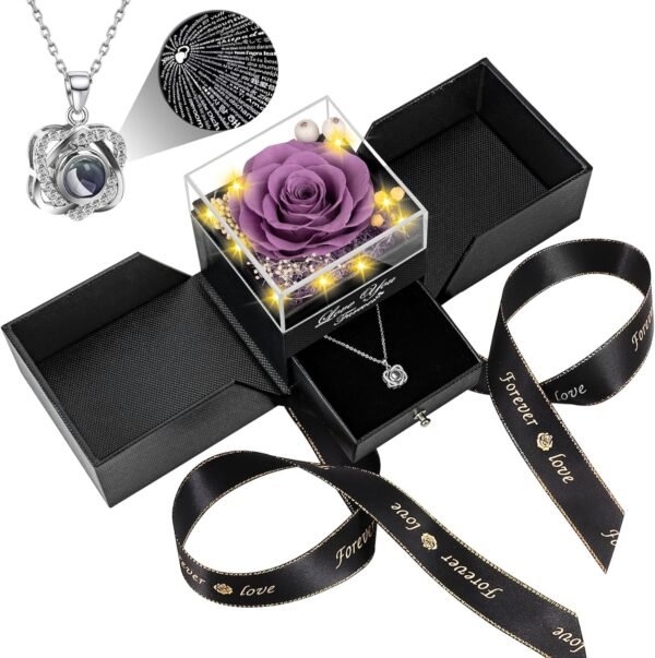 Preserved Red Real Rose with Heart I Love You Necklace -Eternal Flowers Rose Birthday Gifts for Women Her Mom Wife Girlfriend Grandma on Valentines Mothers Day Christmas Anniversary Romantic-Red