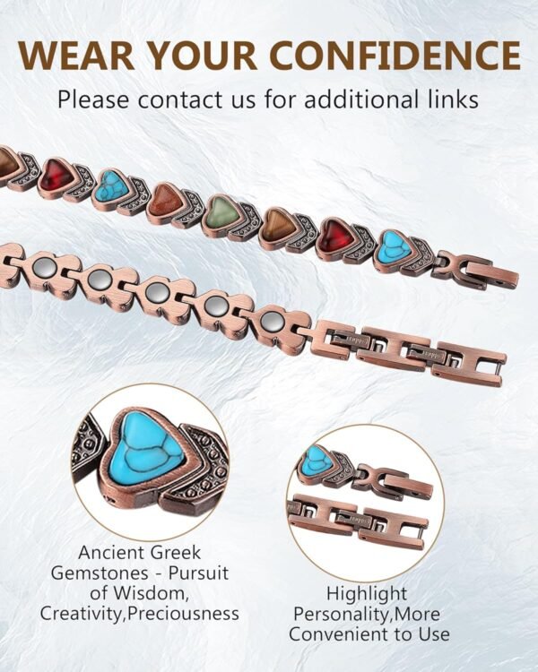 Pure Copper Bracelets for Women, Ultra Strength Magnetic Bracelet with 3800 Gauss Magnets & Natural Turquoise & Stones, Adjustable, Jewelry Gift
