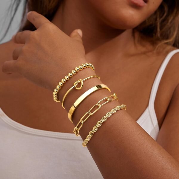 81L8qJ9JlBL._AC_SL1500 Gold Bracelets for Women Non Tarnish, 14K Gold Plated Chunky Cuff Bracelet Gold Bangles Bracelet for Women Trendy Tie Knot Cuban Rope Paperclip Beaded Bracelet Stack Jewelry Gifts
