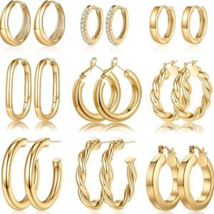 9 Pairs Gold Hoop Earrings for Women, 925 Sterling Silver Post 14K Real Gold Plated Chunky Hoop Earrings Set for Women Hypoallergenic Thick Lightweight Earring for Womens Jewelry Gifts