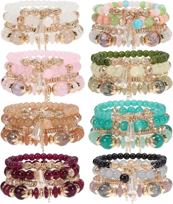 Bohemian Boho Stackable Bracelets for Women Set, Girls Stretch Multilayer Stack Beads Colorful Beaded Charm Bracelets Girl Handmade Jewelry