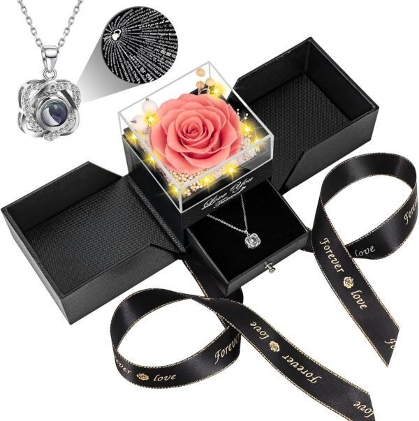 Preserved Red Real Rose with Heart I Love You Necklace -Eternal Flowers Rose Birthday Gifts for Women Her Mom Wife Girlfriend Grandma on Valentines Mothers Day Christmas Anniversary Romantic-Red