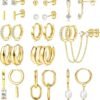 13 Pairs Small Stud Hoop Earrings Set for Women Hypoallergenic Gold Plated Huggie Hoops Pearl Dainty Lightweight Earrings for Gift
