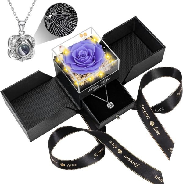 Preserved Red Real Rose with Heart I Love You Necklace -Eternal Flowers Rose Birthday Gifts for Women Her Mom Wife Girlfriend Grandma on Valentines Mothers Day Christmas Anniversary Romantic-Red